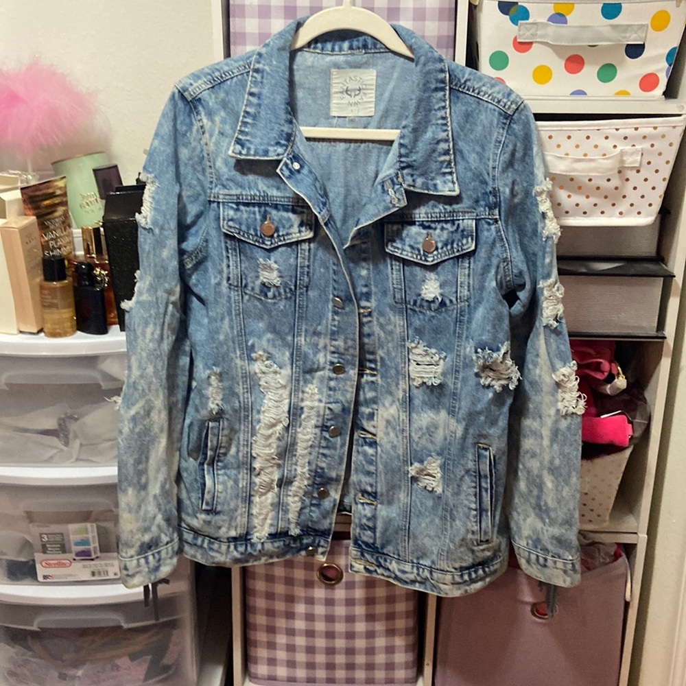 Fantastic Fawn destructed denim jacket with blue fringe